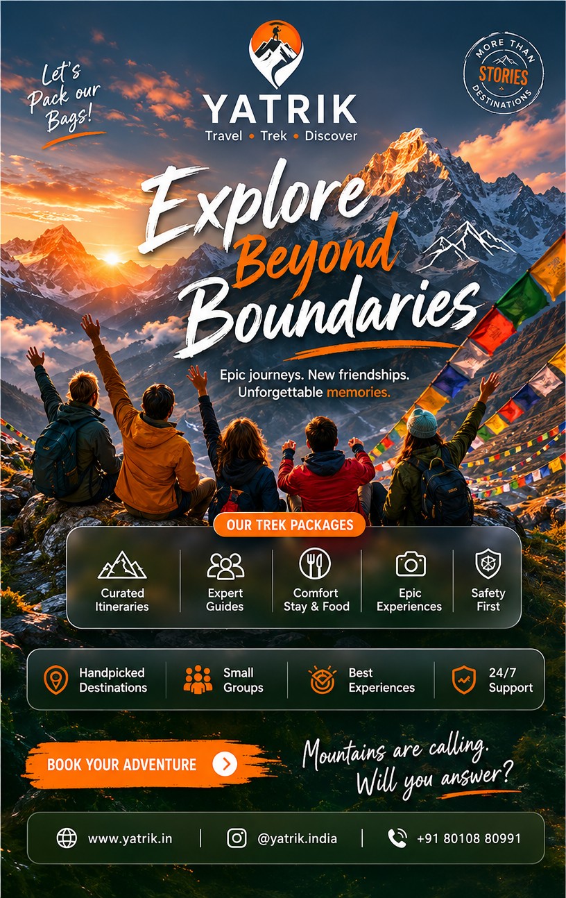 Brand campaign: Explore Beyond Boundaries, a group of trekkers under prayer flags