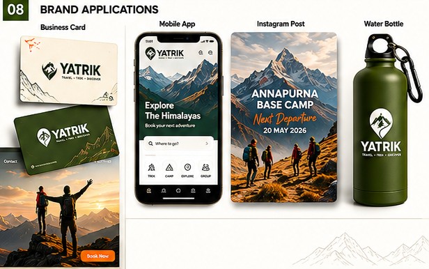 Guideline board applications: business card, mobile app home screen, Instagram post for Annapurna Base Camp, water bottle