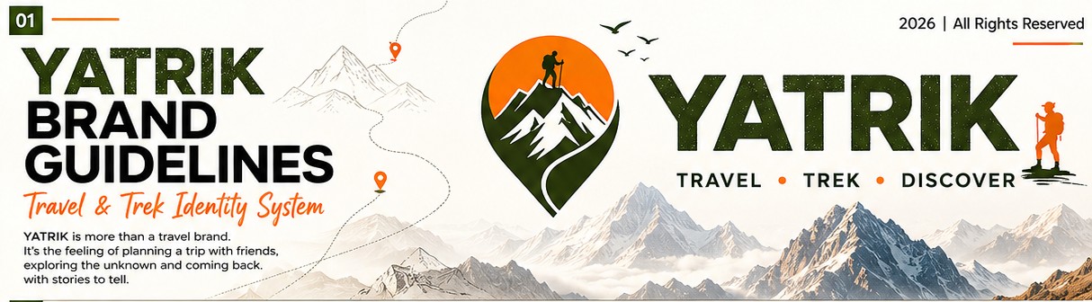 Yatrik brand guidelines cover: the mountain-pin logo, wordmark and 'Travel & Trek Identity System'