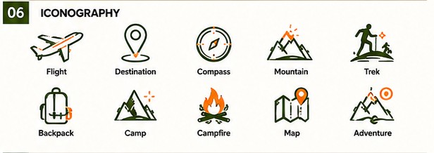 Iconography set: flight, destination, compass, mountain, trek, backpack, camp, campfire, map, adventure