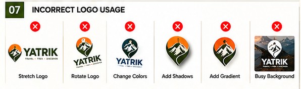 Incorrect logo usage: stretch, rotate, change colours, add shadows, add gradient, busy background